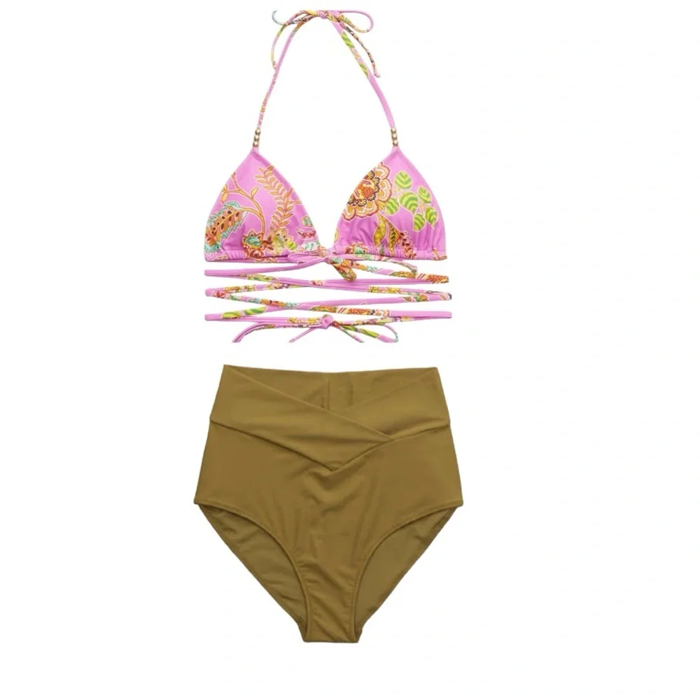 NEW Aerie Pink wrap triangle bikini top and Crossover High Waisted Bikin…